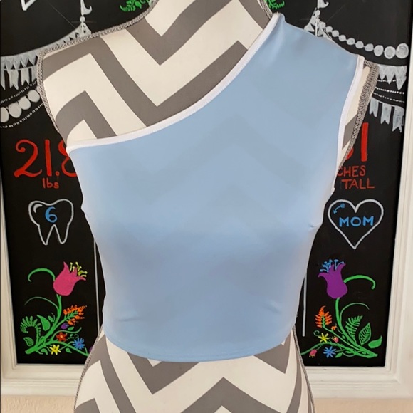 LAST ONE! Sky Blue One Shoulder Crop Top - Picture 6 of 7